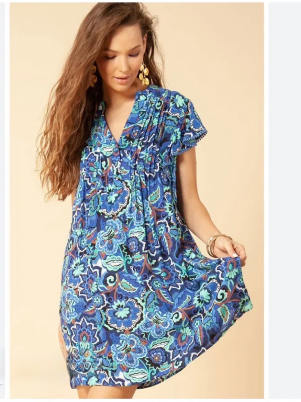 Hale Bob Zuzanna Dress Washed Challis Knee Length Flutter Sleeve Blue Seas Small